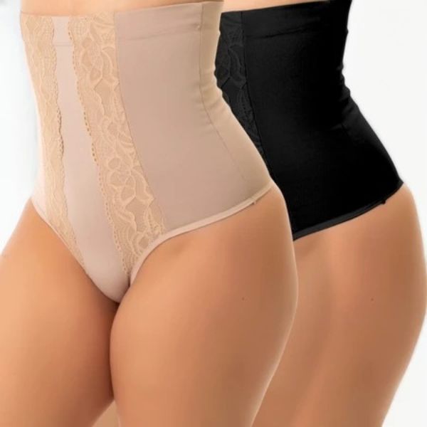 Kit 2 Cinta Modeladora Fio Dental Renda Calcinha Cós Alto Pós Parto Compressão Lingerie Feminina